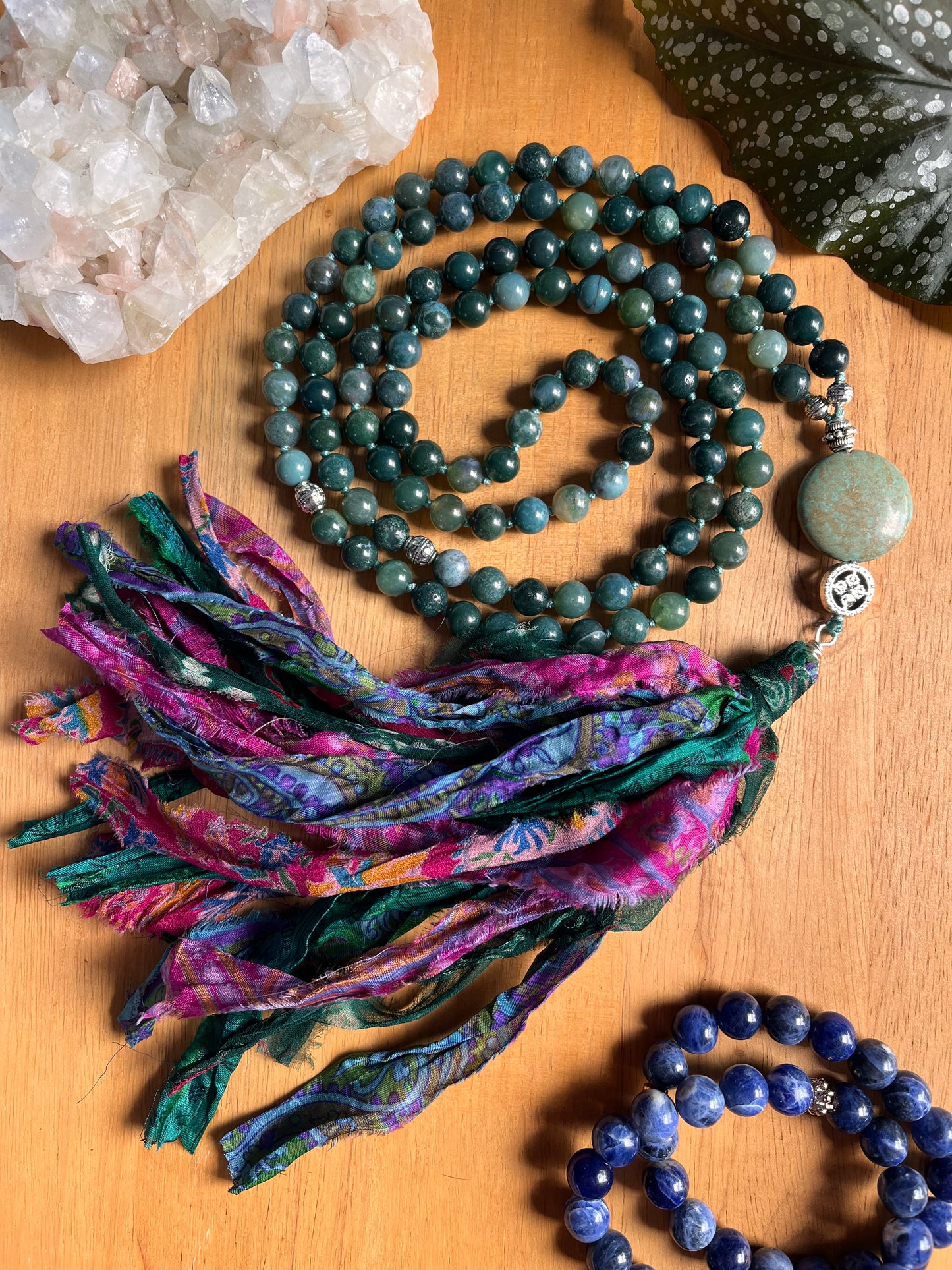 108 bead Mala for Prosperity with recycled sari silk tassel