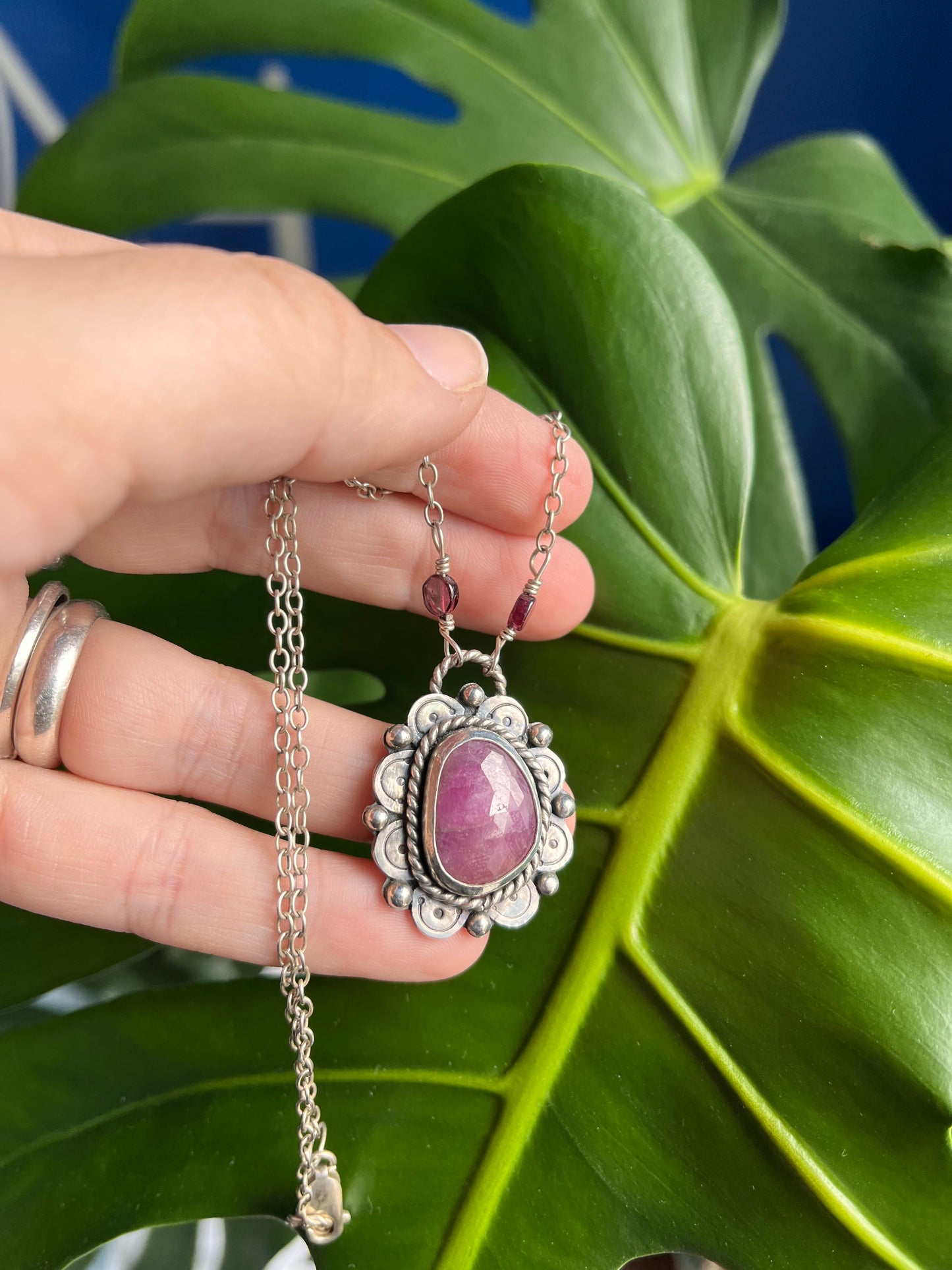 Sapphire and Sterling silver flower pendant