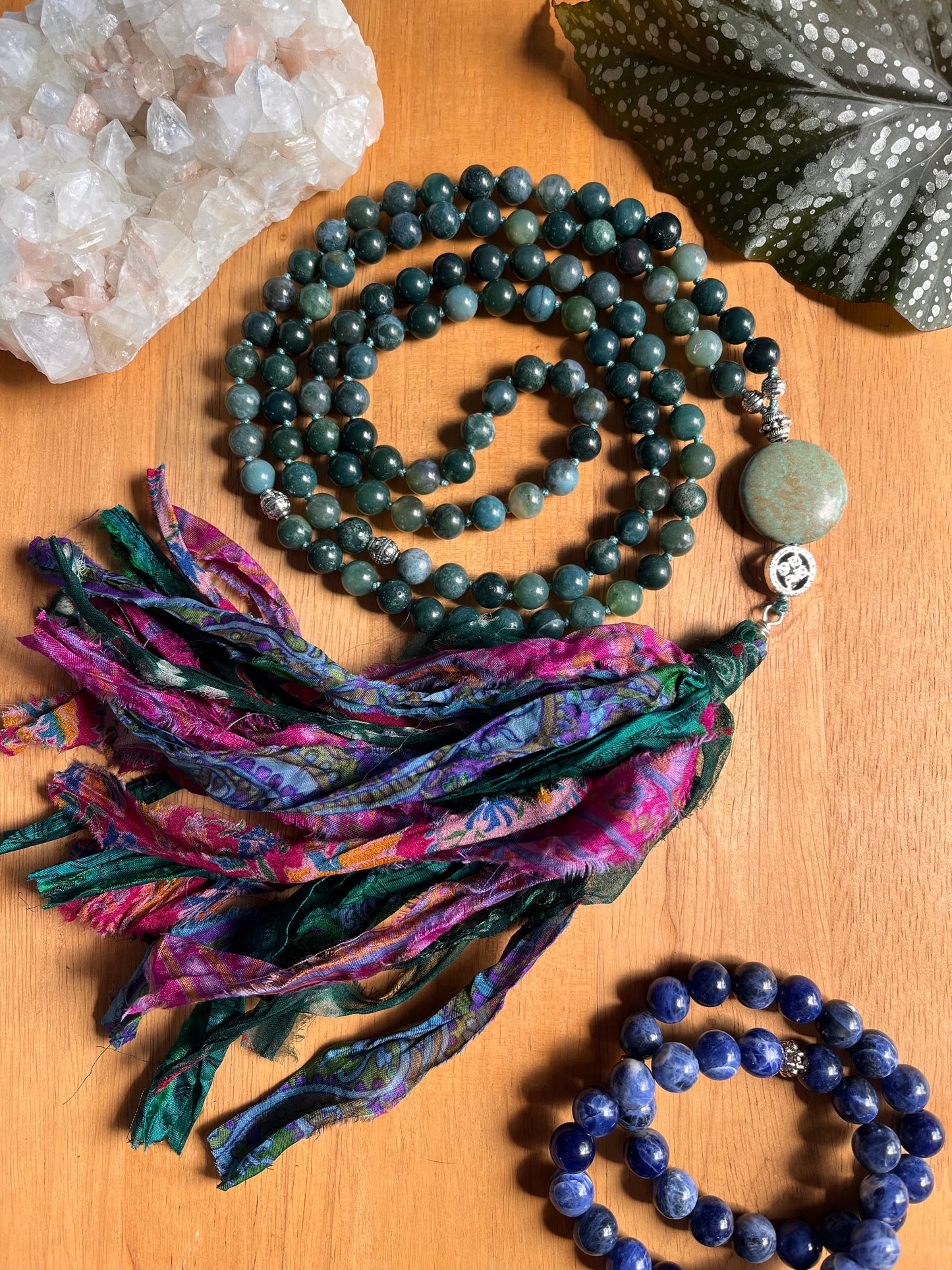 108 bead Mala for Prosperity with recycled sari silk tassel