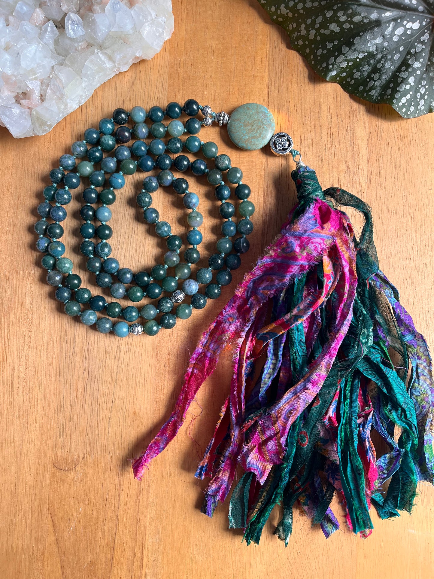 108 bead Mala for Prosperity with recycled sari silk tassel