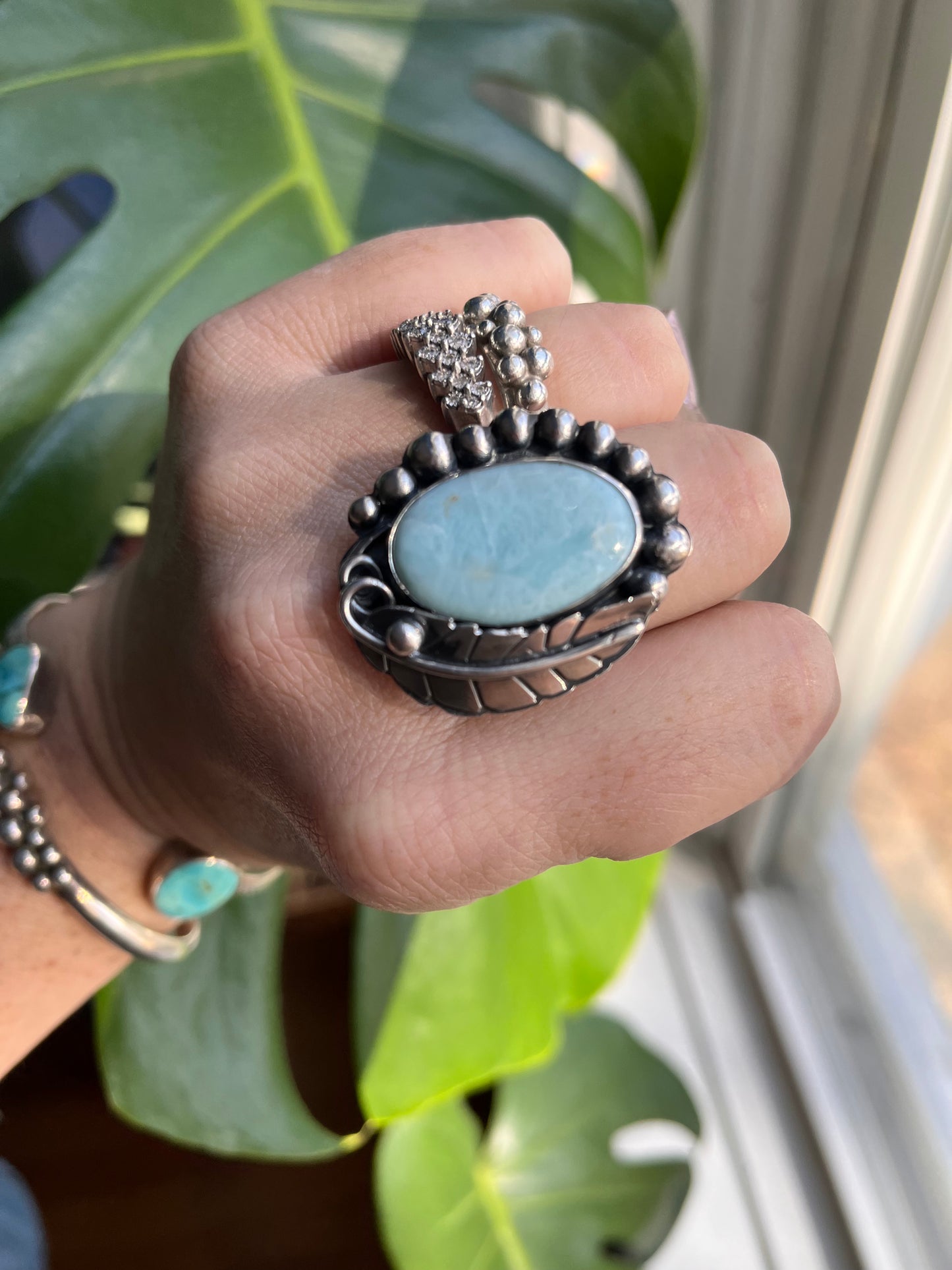 Sterling silver Larimar botanical statement ring